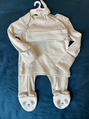Carter's Cream and Light Gray Striped Footed One-Piece with Panda Feet